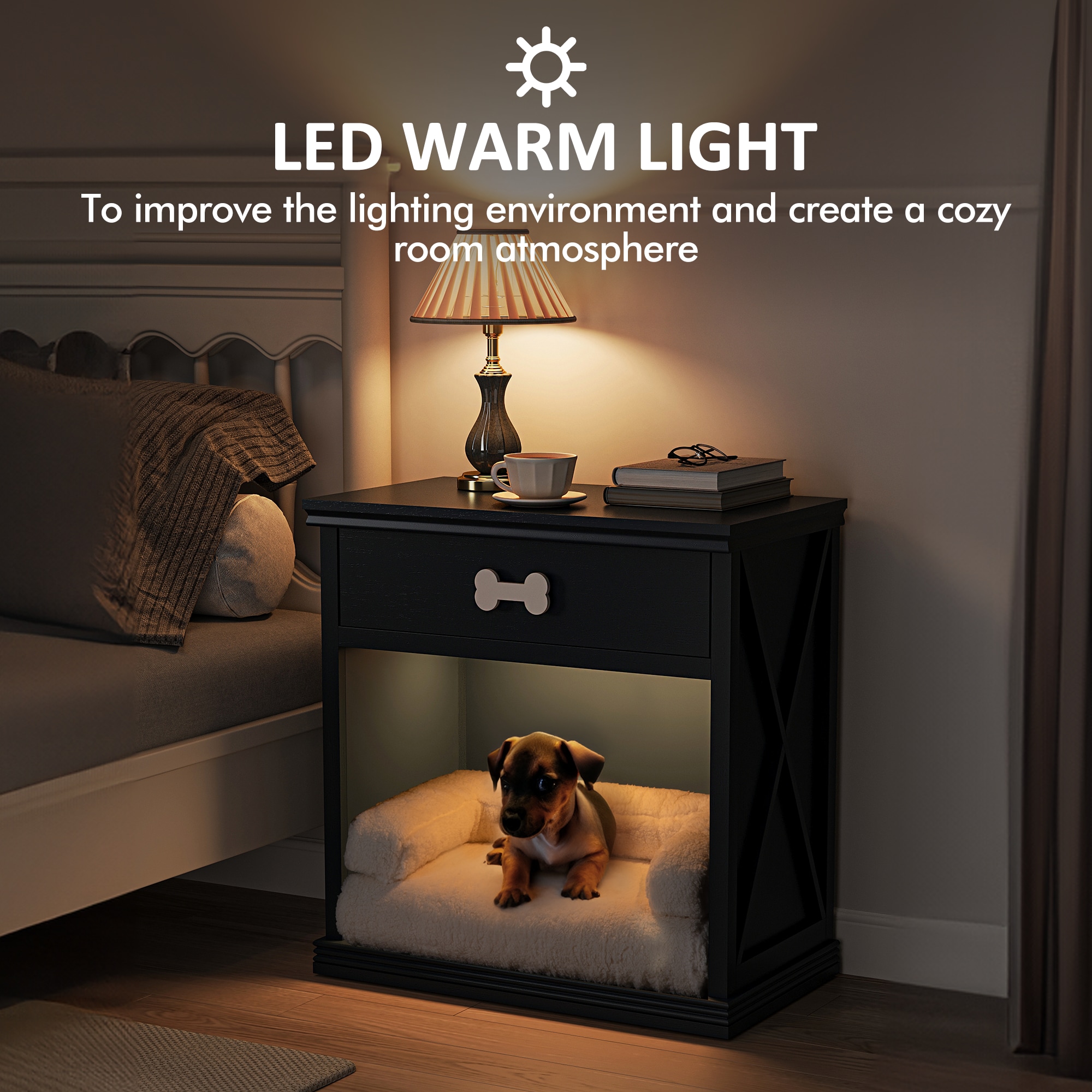 Cat Litter Box Enclosure Nightstand With Led Light Navy Blue_voghion.com